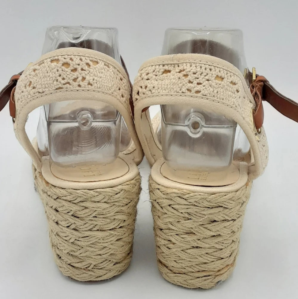 Lauren Ralph Lauren Cream and Brown Espadrille Wedges with Ankle Strap